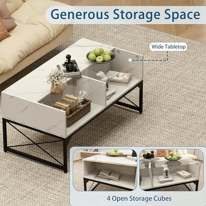 Tangkula LED Coffee Table, High Glossy Center Table with 4 Storage Cubes, Faux Marble & Tempered Glass Top, Adjustable Light Colors, Remote Control, Modern Cocktail Table for Living Room (White)