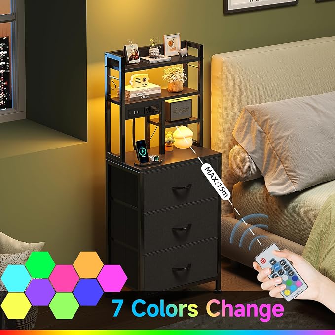 COTUBLR Night Stand, Tall Nightstand with Charging Station and LED Lights, Side Table with 4-Tier Shelves and 3 Fabric Drawers, 45.3" Tall Bedside End Tables for Bedroom, Hallway, Office, Black - Image 3