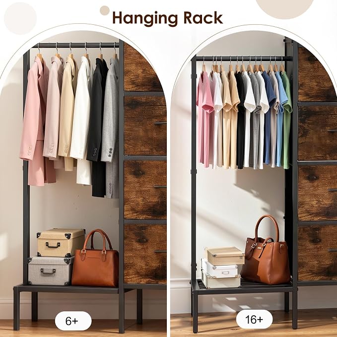 Lewondr Dresser with Hanging Rack and Storage Drawers, 4 Drawer Chest with Hooks and Hat Rack, Rustic Entryway Organizer for Clothes, Bags, Shoes and Accessories, Brown Wood Finish - Image 4