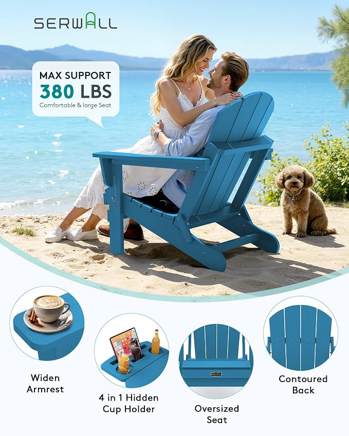 SERWALL Folding Adirondack Chair with 4 in 1 Multi-Functional Cup Holder, Wood Texture Adirondack Chairs for Patio Garden Outdoors, All-Weather Plastic Fire Pit Chairs - Sapphire - Image 6