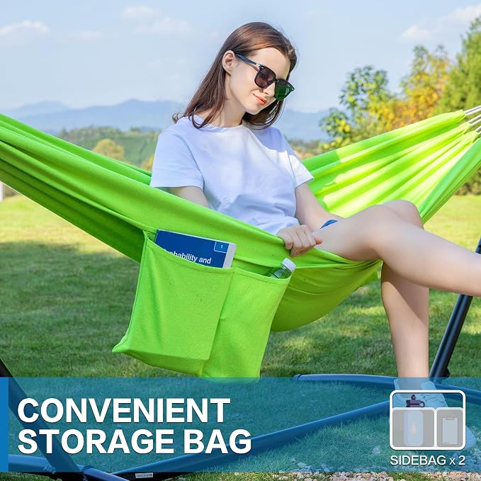 PNAEUT Double Hammocks with Stand for Outside, Portable Space Saving Heavy-Duty Steel Stand for Indoor Outdoor Patio with Carrying Bag, 450 lbs Capacity (Green) - Image 5
