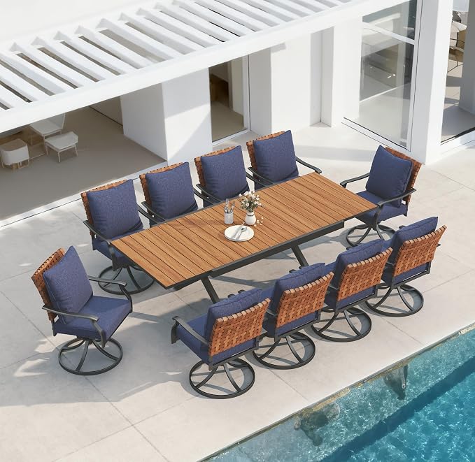 Grand patio 11-Piece Outdoor Dining Set, 10 Leather-Look Wicker Blue Swivel Patio Chairs & 1 Extendable Rectangular Dining Table, Brown by GrandPatio