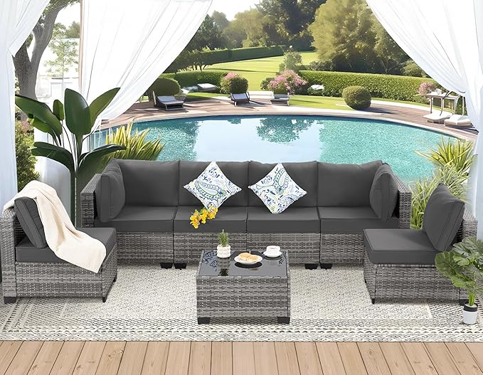 FHFO 7 Pieces Outdoor Patio Furniture Set, Outdoor Conversation Sets Wicker Sectional Couch Rattan Sofa with Thick Cushions & Coffee Table for Garden, Balcony, Backyard, Grey-Grey