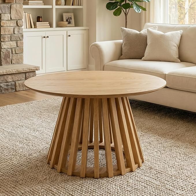 LukeAlon 24" Round Coffee Table, Mid Century Modern Wooden Center Table with Columnar Wood Strips Base Sofa Side Table Circle Tables for Living Room Small Space,Oak Color