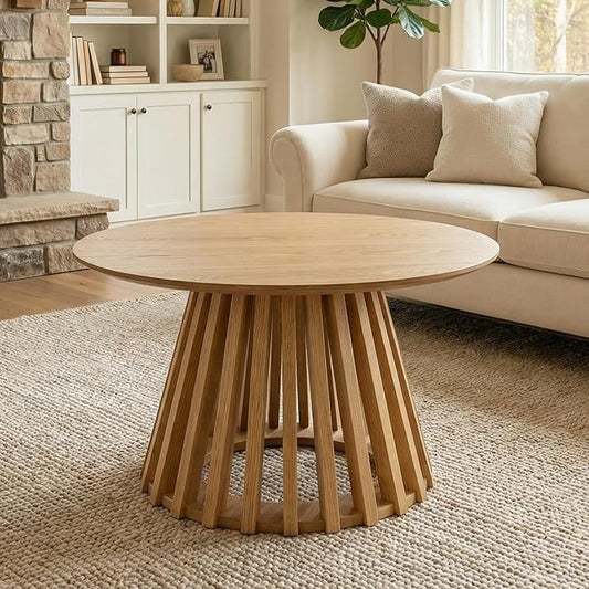 LukeAlon 24" Round Coffee Table, Mid Century Modern Wooden Center Table with Columnar Wood Strips Base Sofa Side Table Circle Tables for Living Room Small Space,Oak Color