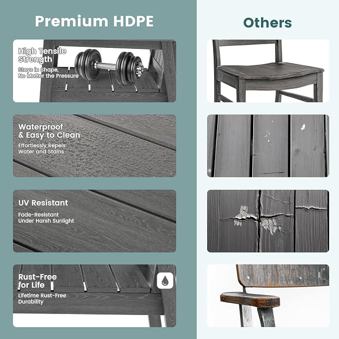 Pamapic 5 PCS Outdoor Dining Set, Spacious HDPE Outdoor Table and Chairs, Wood Grain Patio Furniture Sets with Elegant Armrest, All-Weather Patio Dining Table with Umbrella Hole, Gray - Image 5