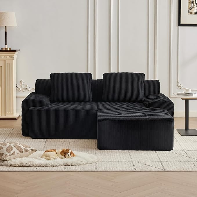 Modular Sectional Sofa with Movable Ottoman, 2 Seat Deep Seat Couch with 2 Pillows, Comfy Cloud Sectional Sofa for Living Room, Bedroom and Apartment (Black, 1 Left+1 Right+1 Ottoman)