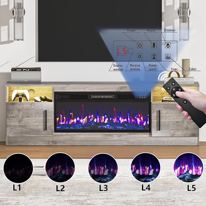 PRETZI Fireplace TV Stand with 36" Fireplace Up to 80" TVs, 70" Entertainment Center with LED Lights, Remote Control, TV Media Console with Storage Cabinets for Living Room, Gray - Image 4