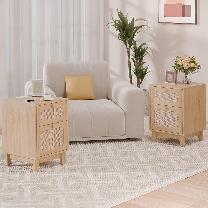 Modern Rattan Nightstand, Wicker Rattan Stand with Drawer and Charge Station, Wooden Bedside Table for Small Spaces, Natural Wood Side Table for Bedroom - Image 8