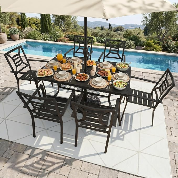 7 Piece Outdoor Patio Dining Sets, 60" Rectangular Metal Dining Table with Umbrella Hole & 6 Stackable Metal Chairs, Weather Resistant Garden Furniture Set for Backyard, Deck, Porch - Image 8