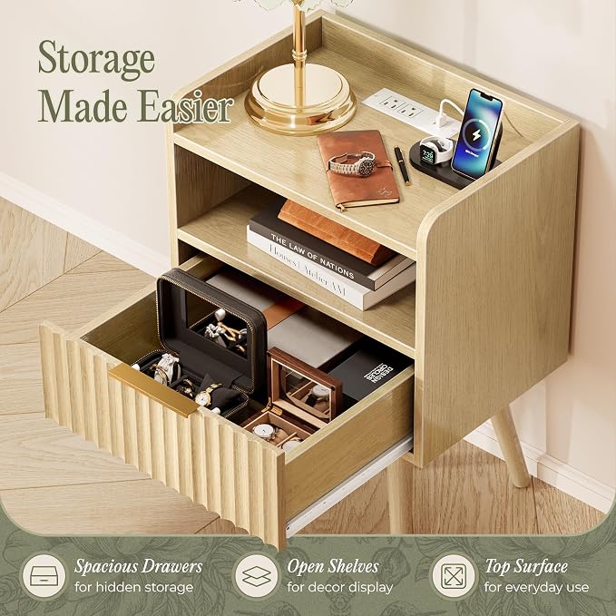 Huuger Nightstand with Charging Station, USB-C Port, Fluted Night Stand with Drawer, Bed Side Table with Solid Wood Feet, Open Storage, End Table with Raised Edge, for Bedroom, Natural - Image 6
