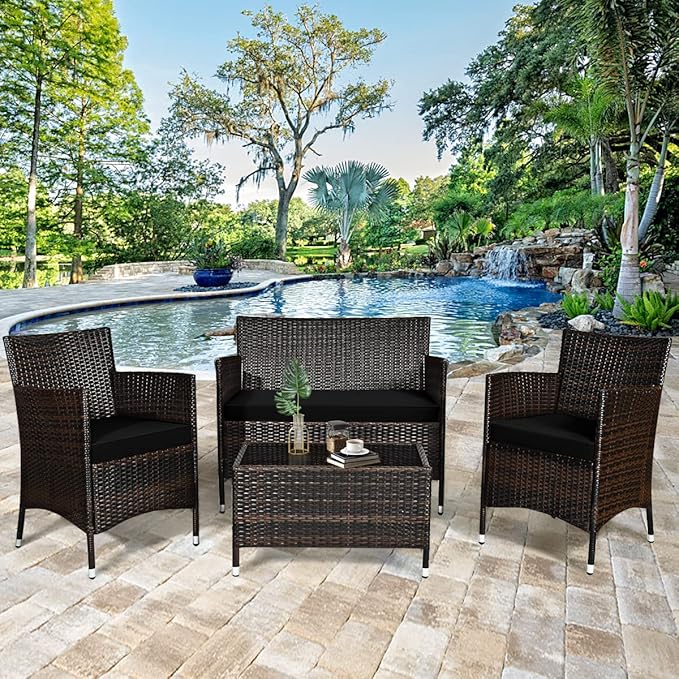 HAPPYGRILL 4 Pieces Patio Sofa Set Rattan Wicker Furniture Patio Conversation Set with Cushioned Sofa and Coffee Table for Outdoor Backyard Garden Poolside