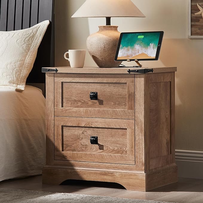 T4TREAM 24" Farmhouse Nightstand with Charging Station, Large End Table with 2 Storage Drawers, Rustic Wood Sofa Bedside Table for Bedroom, Light Knotty Oak by T4TREAMFurniture