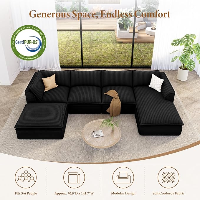 Vesgantti 141.7" U Shaped Sectional Boneless Couch, Modern 6 Seater Modular Sofa with Chaise & Ottoman, Deep Seat Plush Corduroy Cloud Couches for Living Room, No Assembly Required, Black