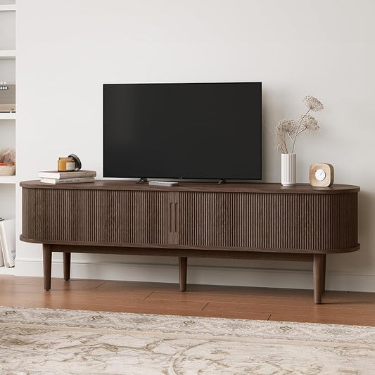 LINSY HOME 70" Fluted TV Stand for TVs up to 80 Inch, Mid Century Modern Entertainment Center with Storage Cabinet and Sliding Doors, Farmhouse Wood Media TV Console for Living Room, Bedroom, Walnut by LINSYHOME