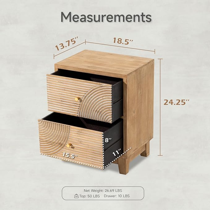 COZAYH Set of 2 2-Drawer Farmhouse Nightstand, Mid Century Nightstand Fully Assembled with Handcrafted Wood Ring Pattern for Boho, Mid-Century, Rustic Style, Natural Wood - Image 3
