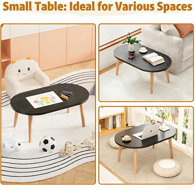 Coffee Table Low Table with 4 Solid Wood Leg, Floor Table Desk for Sitting on The Floor, Small Oval Coffee Table for Small Space, Side Table Japanese Coffee Table for Living Room Apartment Home, Black