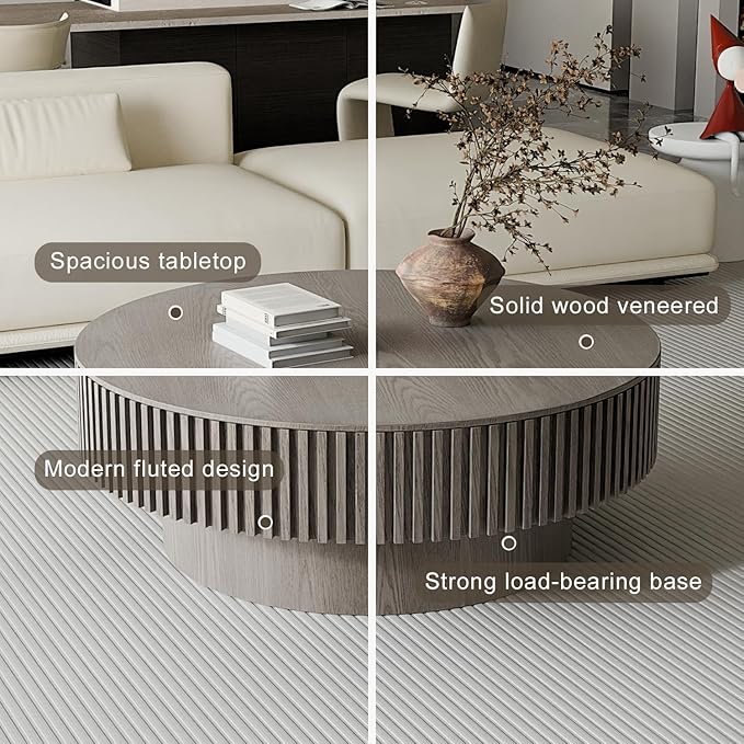 39'' Round Coffee Table with Storage, Modern Wooden Coffee Table with Solid Wood Veneered, Circle Center Table Accent Tea Table for Living Room Apartment Grey