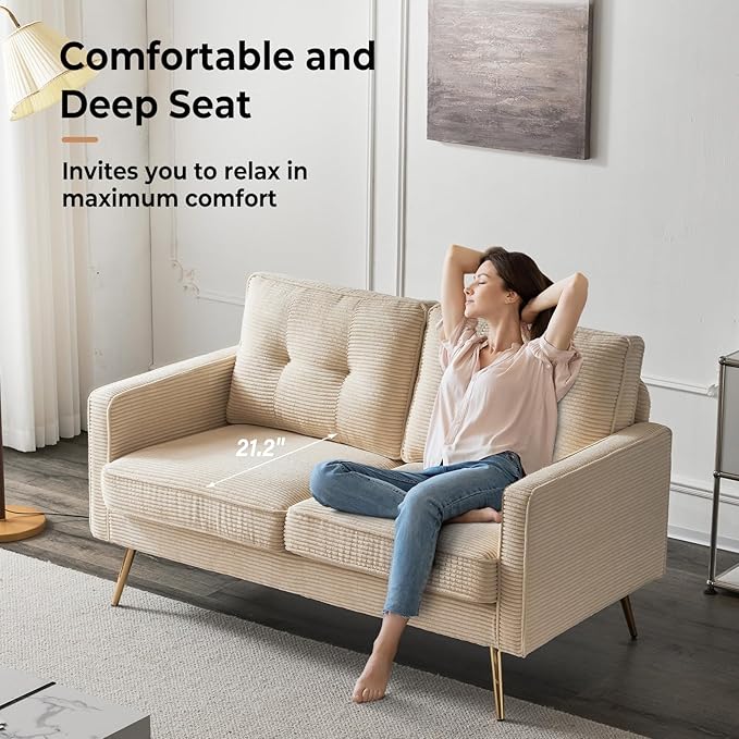 VINGLI 56" Modern Beige Loveseat,Small Corduroy Sofa Couch Deep Seat for Living Room,2-Seater Loveseat Sofa for Bedroom,Apartment,Office,Dorm,Small Space