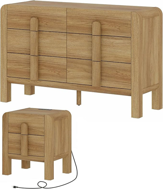 WAMPAT Dresser and Nightstand Sets, 47.2" W Mid Century Modern Chest of Drawers, Wood 6 Drawer Dresser & Nightstand with Charging Station, Curved Profile Design (Light Walnut, 2PCS)