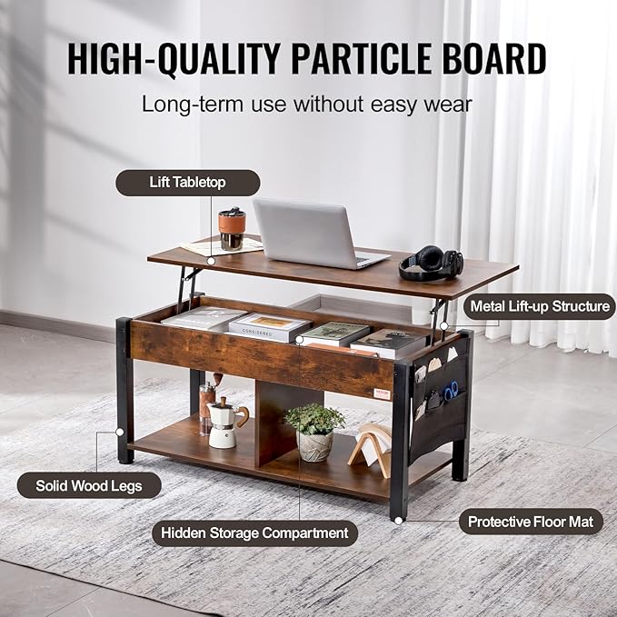 VEVOR Lift Top Coffee Table, 41.7 in Rectangle Coffee Table with Extra Storage Pockets, Pop Up Coffee Table for Living Room, Brown