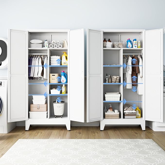 Metal Armoire Wardrobe Closet, 71" Steel Clothing Storage Cabinet with 2 Doors, Hanging Rod & Shelves, Bedroom Armoire Closet, White Wardrobe Cabinets for Bedroom
