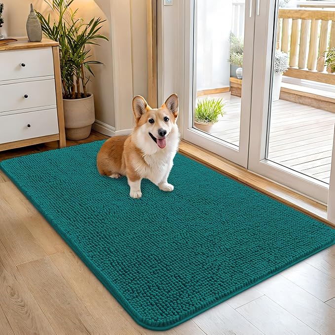 OLANLY Dog Door Mat for Muddy Paws 45x27, Absorbs Moisture and Dirt, Absorbent Non-Slip Washable Doormat, Quick Dry Chenille Mud Mat for Dogs, Entry Indoor Entryway Carpet for Inside Floor, Lake Blue by OLANLY