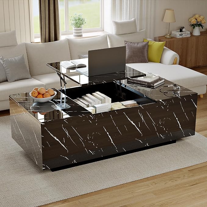 47" Modern LED Coffee Table with Lift Top, All Black Coffee Table with Storage High Gloss Surface, Hidden Storage with Drawer, Open Shelves, and Built-in Power Outlet for Living Room