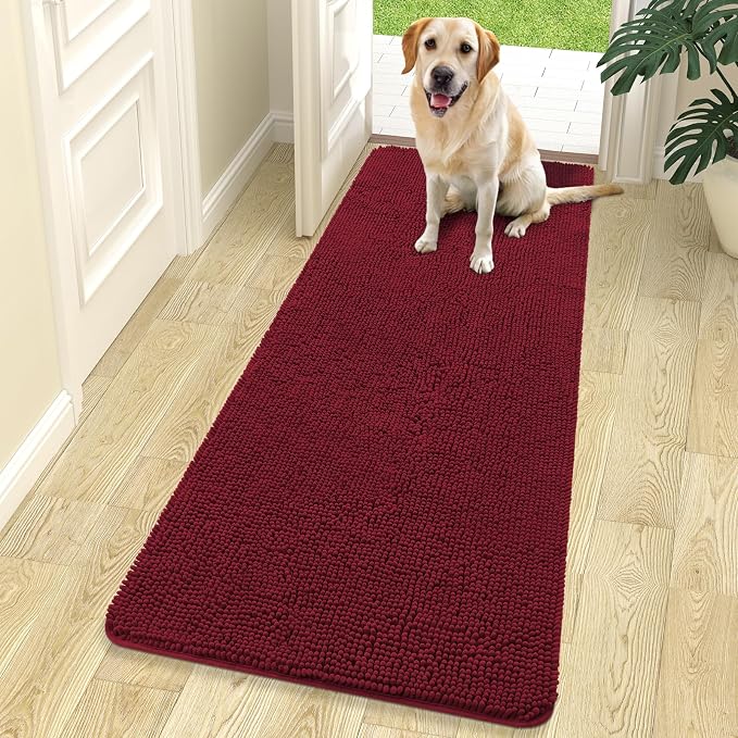 OLANLY Dog Door Mat for Muddy Paws 70x24, Absorbs Moisture and Dirt, Absorbent Non-Slip Washable Doormat, Quick Dry Chenille Mud Mat for Dogs, Entry Indoor Entryway Carpet for Inside Floor, Burgundy by OLANLY