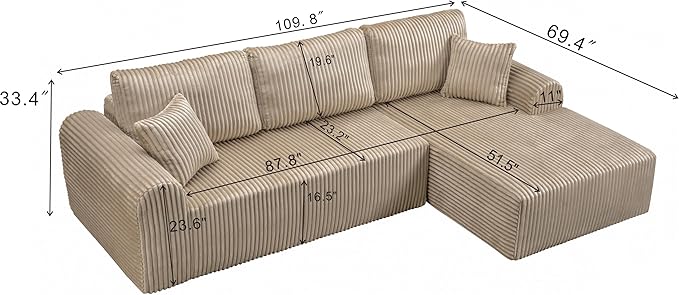 109-Inch L-Shaped Right Facing Boneless Corner Sofa 2 PCS Modular Sectional Cloud Sofa Couch with Chaise Lounge and Toss Pillow, Corduroy Boneless L-Shaped Couches