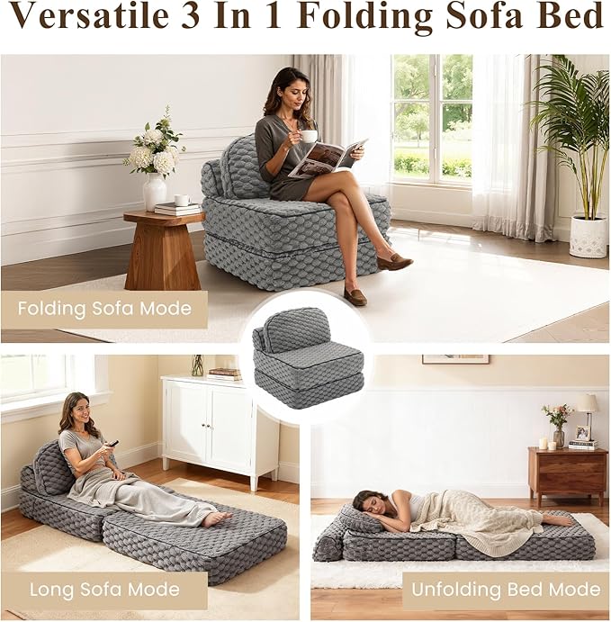COLAMY Folding Sofa Bed, 3-in-1 Convertible Sleeper Chairs with Pillow,Back Support, Fuzzy Fabric Floor Couch Bed for Adults, Boneless Couches Living Room, Bedroom, Apartment, Grey