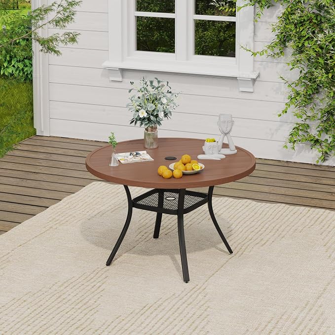 VICLLAX Round Outdoor Dining Set, Patio Table and Chairs Set Set of 4 Patio Stackable Chairs and 40.6" Outdoor Round Table with Umbrella Hole for Backyard Lawn Garden, Brown Chairs and Walnut Table - Image 5