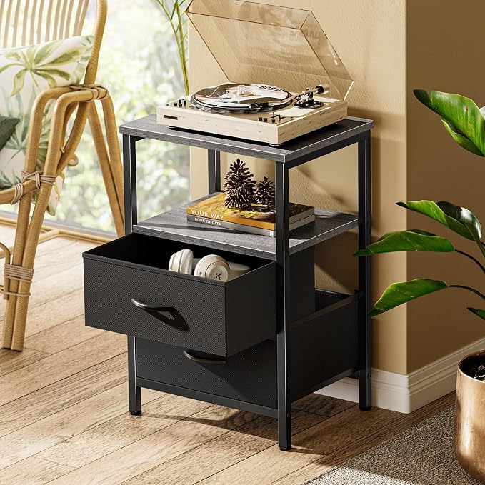 Huuger Night Stand with 2 Drawers, Bed Side Table with Open Shelf, Wooden Top, Nightstand for Bedroom, End Table for Small Space, Fabric Drawer, Grey - Image 2