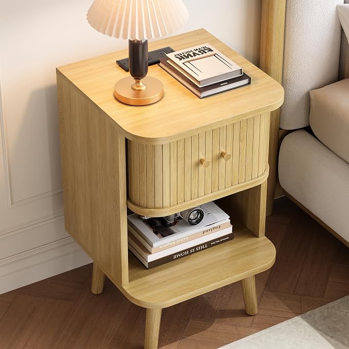 Decofy Fluted Nightstand, Mid Century Modern Bedside Table with Charging Station, Walnut End Tables with Sliding Tambour Doors, Storage Cabinet and Open Shelf for Bedroom, Oak - Image 6
