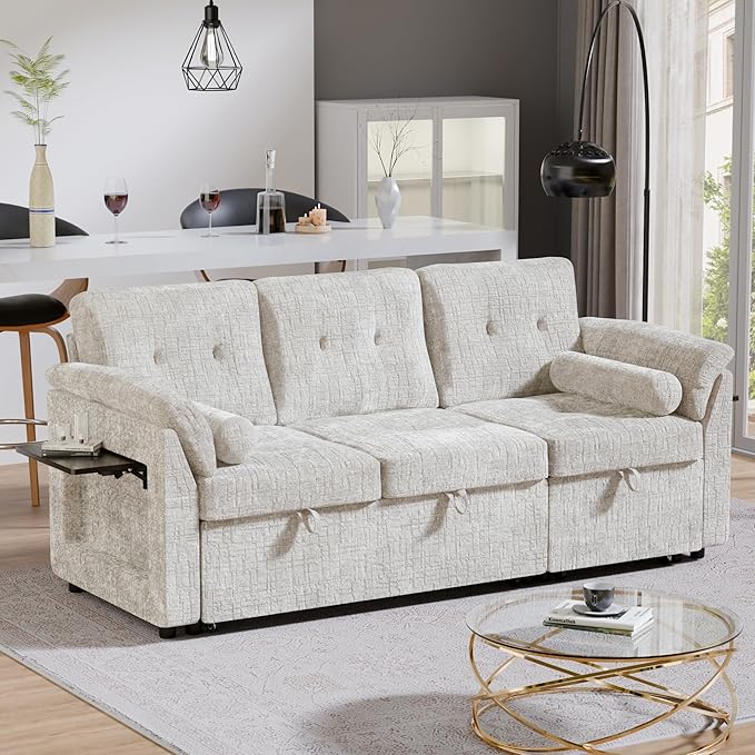 Convertible Queen Sofa Bed, 63 Inch Chenille Pull Out Couch with Side Table, 3 Seat Pull Out Sofa Bed with Level Adjustable Backrest, Comfy Sleeper Sofas for Living Room, Apartment, Beige