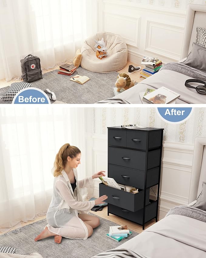 Crestlive Products Vertical Dresser Storage Tower - Sturdy Steel Frame, Wood Top, Easy Pull Fabric Bins - Organizer Unit for Bedroom, Entryway, Closets - 6 Drawers (Black) - Image 4