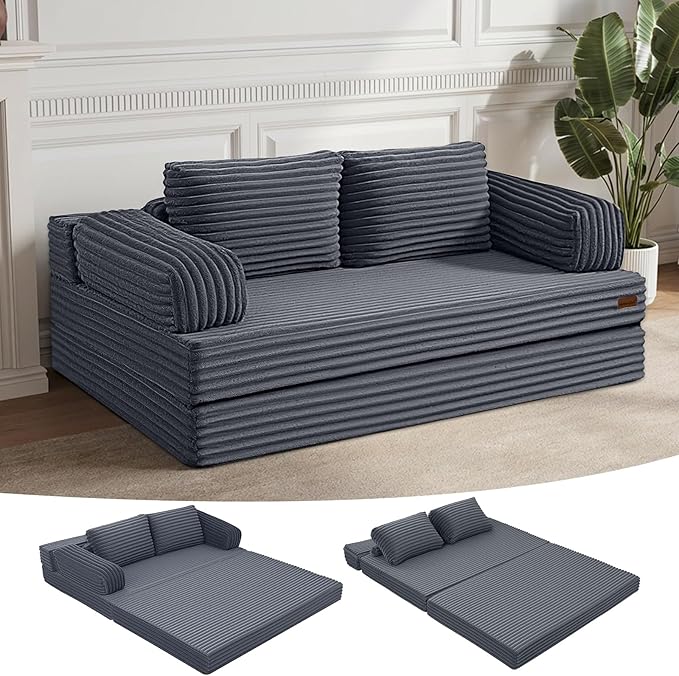 MeMoreCool Convertible Sofa Bed, Folding Floor Couch Bed Queen, Pull Out Sleeper Couch with Pillows, Fold Out Futon Sofa for Bedroom Living Room Small Space, Corduroy Grey