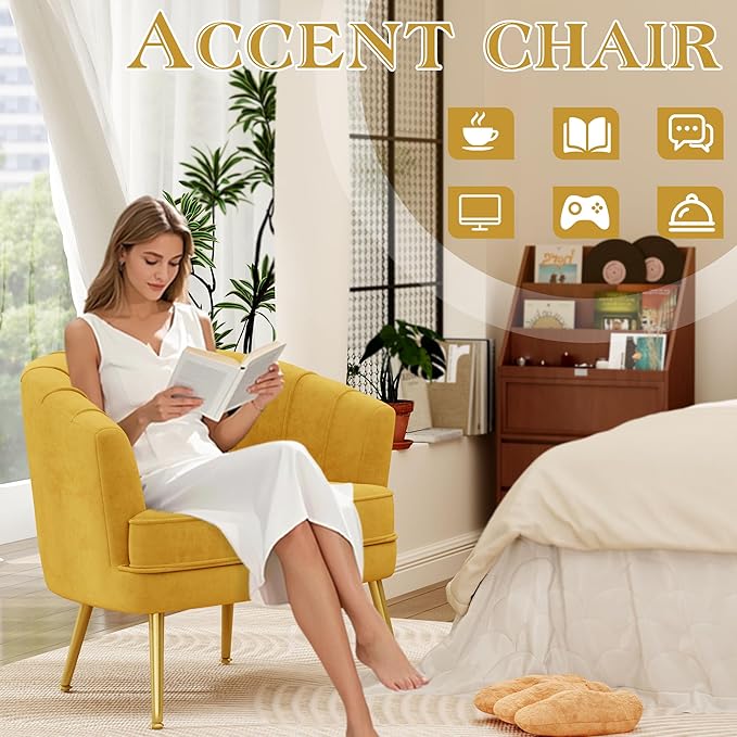 Andeworld Velvet Accent Chair Set of 2, Upholstered Modern Single Sofa Side Chair,Comfy Barrel Club Living Room Armchair with Golden Metal Legs for Bedroom Living Reading Room Office, Yellow