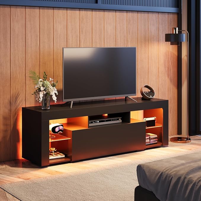 WLIVE TV Stand with LED Lights & 2 Large Storage Drawers, Modern Entertainment Center for 32/43/50/55/60 Inchs TVs, Sturdy TV Console for Living Room, Bedroom(Black) - Image 2