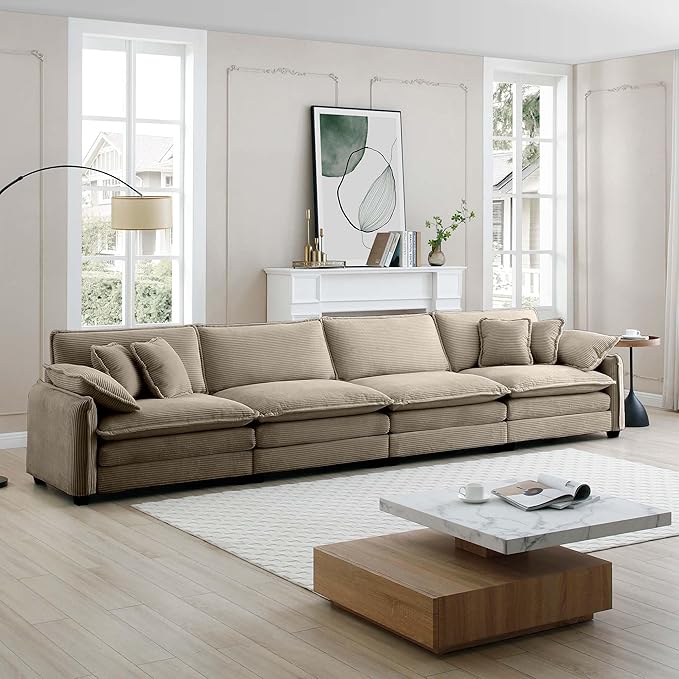 KEIKI 150" Oversized Corduroy Modular Sectional Cloud Sofa with High-Density Foam Cushions, Removable Armrests, Upholstered Modern 4-Seater Fluffy Corner Couch with 6 Pillow, for Living Room, Tan