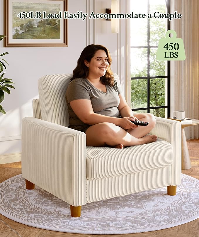 35.3" Couches for Living Room, Comfy Beige Couch Single with 22.5" Deeper Seat, Accent Chair Tool-Free Setup, Reading Chair 440lbs Support, Corduroy Couch for Bedroom, Apartment, Office