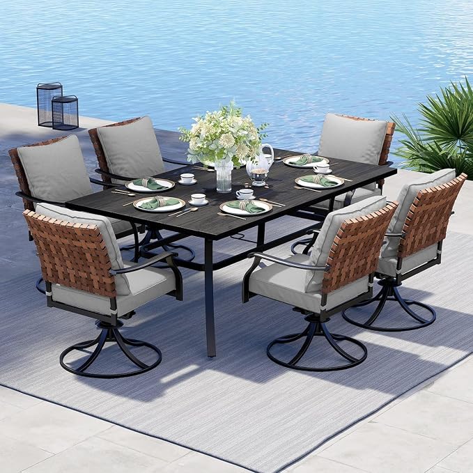 Grand patio 7-Piece Outdoor Dining Set, 6 Leather-Look Wicker Swivel Patio Chairs & 1 Rectangular Dining Table, Black by GrandPatio