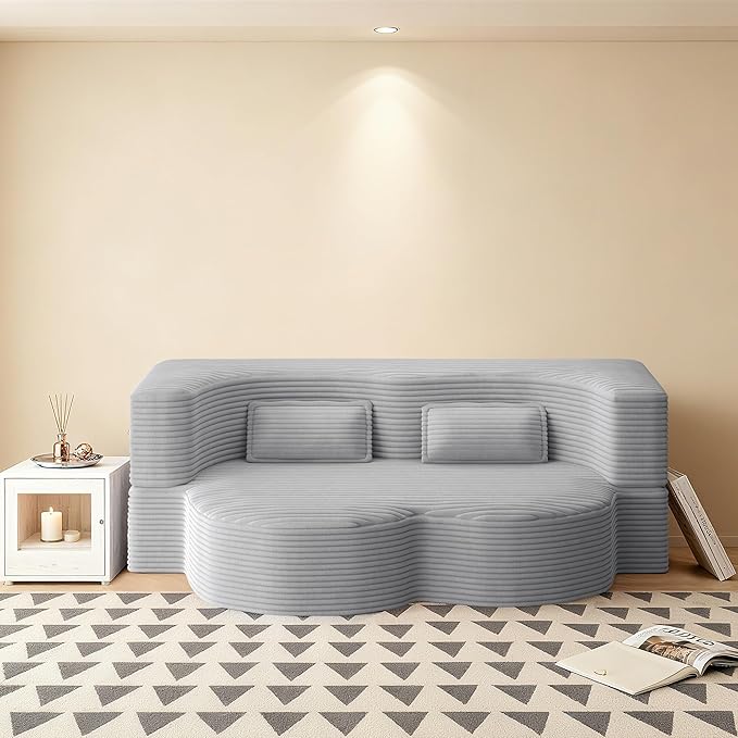 78" Convertible Sofa Bed, 2-in-1 Folding Floor Couch with 2 Pillows, Sleeper Sofa for Living Room and Bedroom, No Assembly Required (Light Grey, Corduroy Fabric)