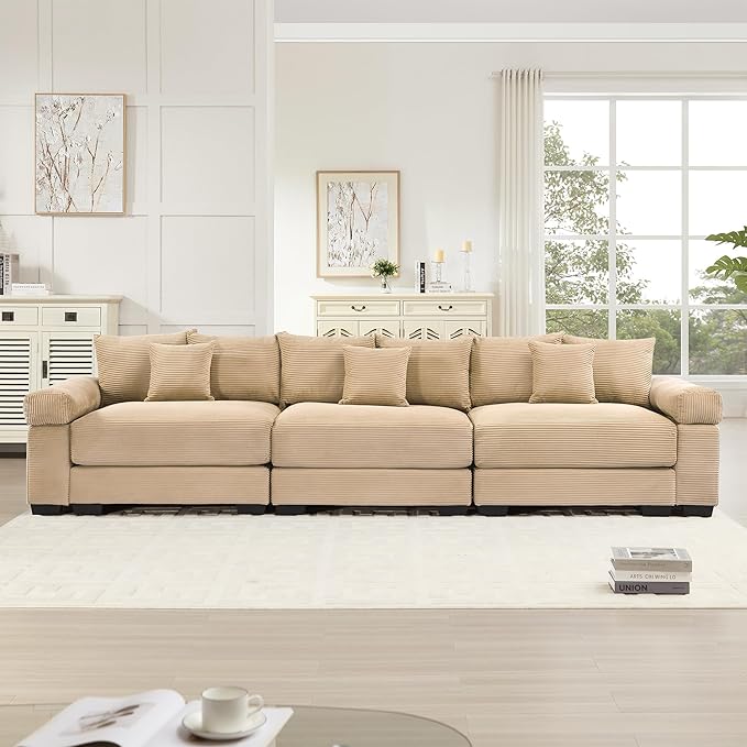 KEIKI 130" Oversized Corduroy Modular Cloud Sectional Sofa with High-Density Foam Cushions, Extra-Thick Armrest, Upholstered Modern 3-Seater Fluffy Corner Couch with 9 Pillow, for Living Room, Camel
