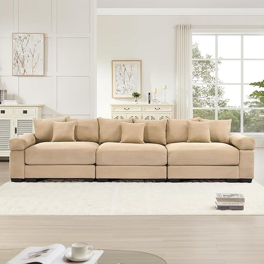 KEIKI 130" Oversized Corduroy Modular Cloud Sectional Sofa with High-Density Foam Cushions, Extra-Thick Armrest, Upholstered Modern 3-Seater Fluffy Corner Couch with 9 Pillow, for Living Room, Camel