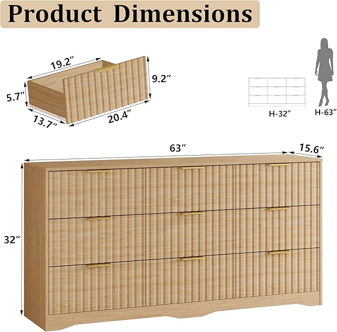 9 Drawer Dresser and Nightstand Sets for Bedroom, Modern Fluted 3 Pcs Bedroom Dresser Furniture Sets, Wood Chest of Drawers and Nightstand Set of 2 with Metal Handles, Natural Oak