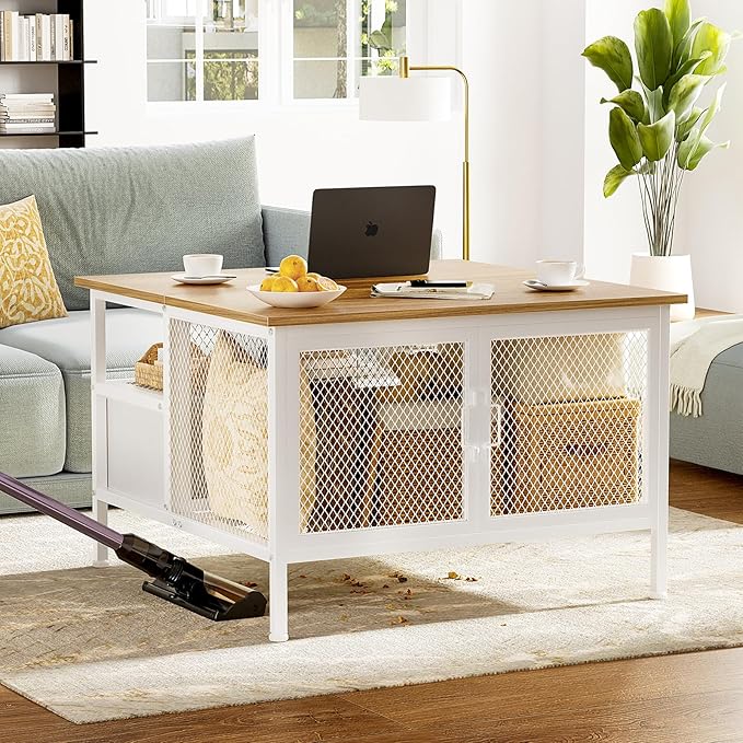 FABATO Flip Top Coffee Table, Square Coffee Table Metal Wood, Farmhouse Lift Up Coffee Tables Cocktail Table with Wire Mesh Barn Door and Storage, Steel Frame, Small Tea Table for Living Room, White