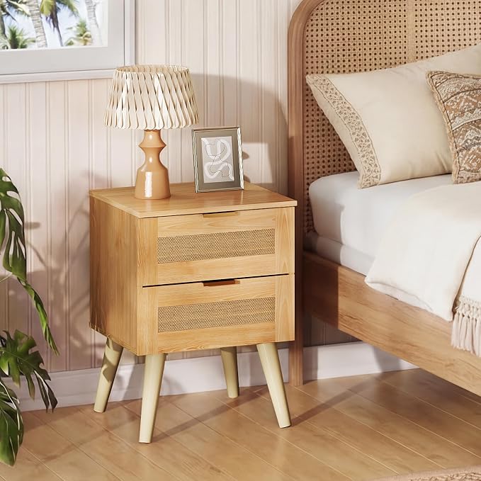 WLIVE Wooden Nightstands Set of 2, Rattan Night Stand with 2 Drawers, Boho Nightstand with Solid Legs, Bed Side Table for Bedroom, Living Room, Natural Oak - Image 6