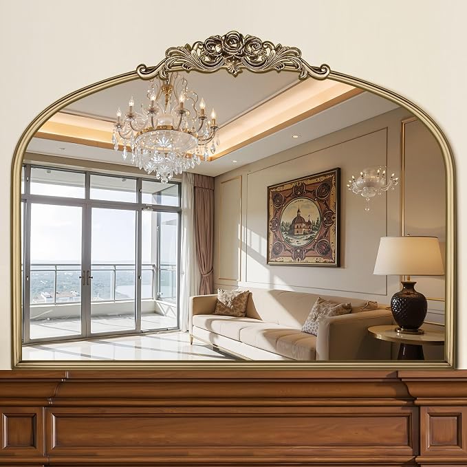 40"x30" Vintage Gold Mirror, Ornate Baroque Mirror with Metal Frame and Rose Floral Crown, Gold Antique Mirror for Fireplace, Living Room, Bedroom, Entryway or Bathroom -Upgrade Tempered Glass by Wemily