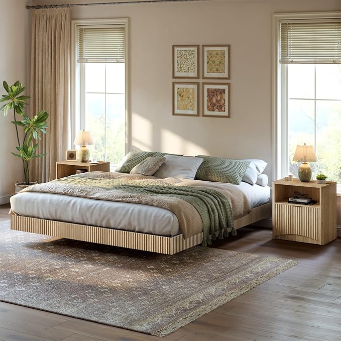Evermagin Bedroom Furniture Set-Bed with 2 Nightstands, Mid Century Modern Bedroom Set, Floating Bed Frame Led Lights, Fluted Floating Room Furnitures, 3-Piece Room Set (Nbh, Queen)